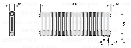 Схема (чертеж) Радиатор Zehnder Charleston 2030/18 №5510 Белый глянцевый RAL 9016